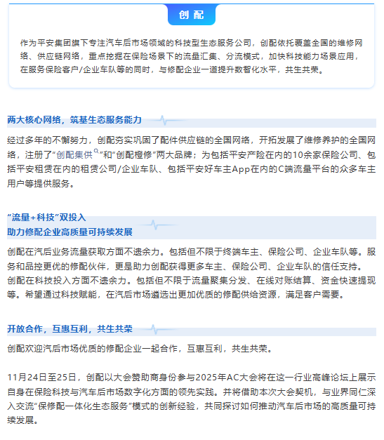 以“保修配一体化生态服务”打造汽后新质生产力，加速行业数智化升级——创配即将亮相AC汽车年度峰会