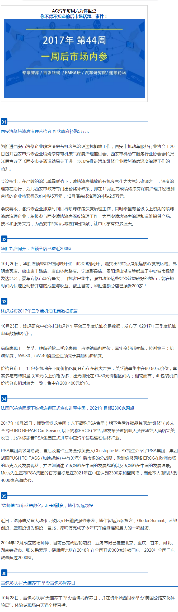 西安政府补贴烤漆房治理合格者、华胜九店同开、德师傅获数亿元B+轮融资、 雪佛龙联手“天猫养车”办活动 | 一周后市场内参