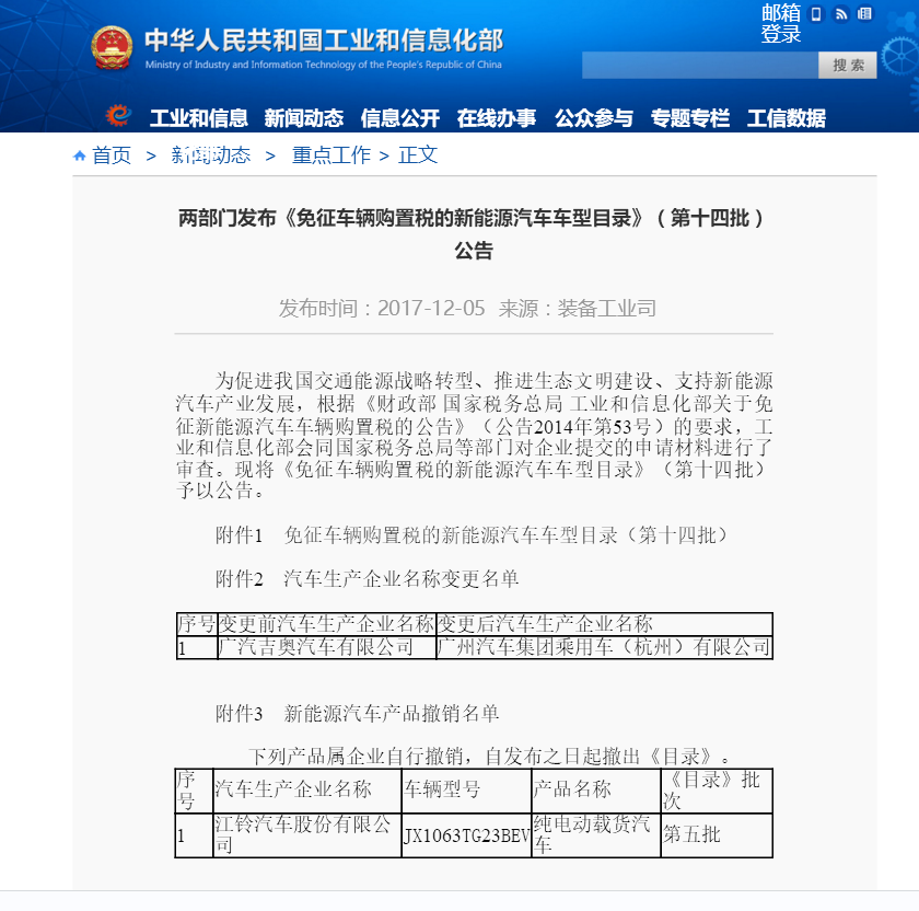 工信部发布第十四批《免征车辆购置税的新能源汽车车型目录》